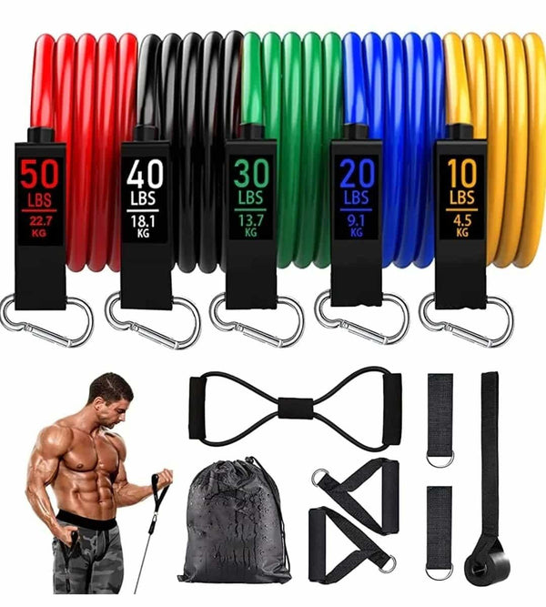 Resistance Band Set 5 levels for heavy workout - multicolor bands with handles and accessories