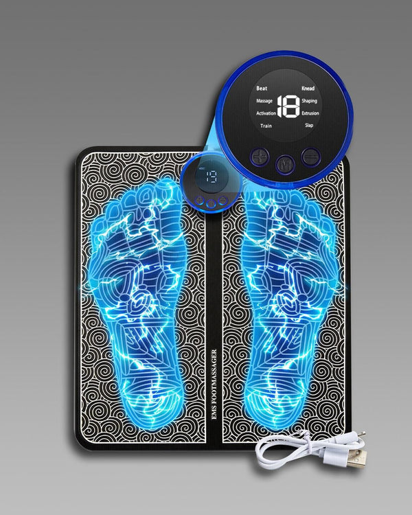 Black electronic foot massager with EMS technology and LED display - USB rechargeable massage mat